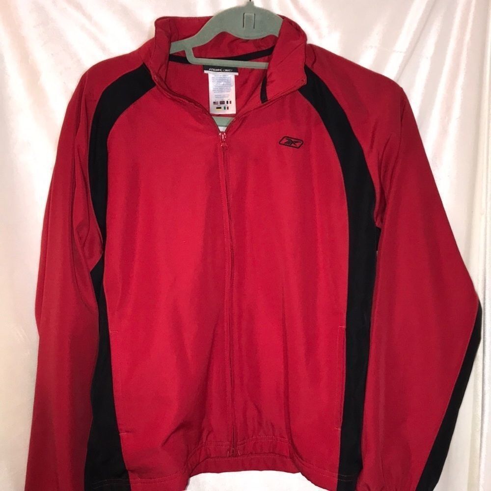 Reebok Mens Full Zip Track Jacket Red Black Colorblock‎ Mock Neck Size M RN69421